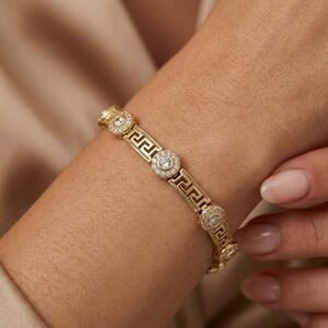 14K Gold Plated XP Womens Greek Key Link Bracelet Cubic Zirconia 7.5 Inch
